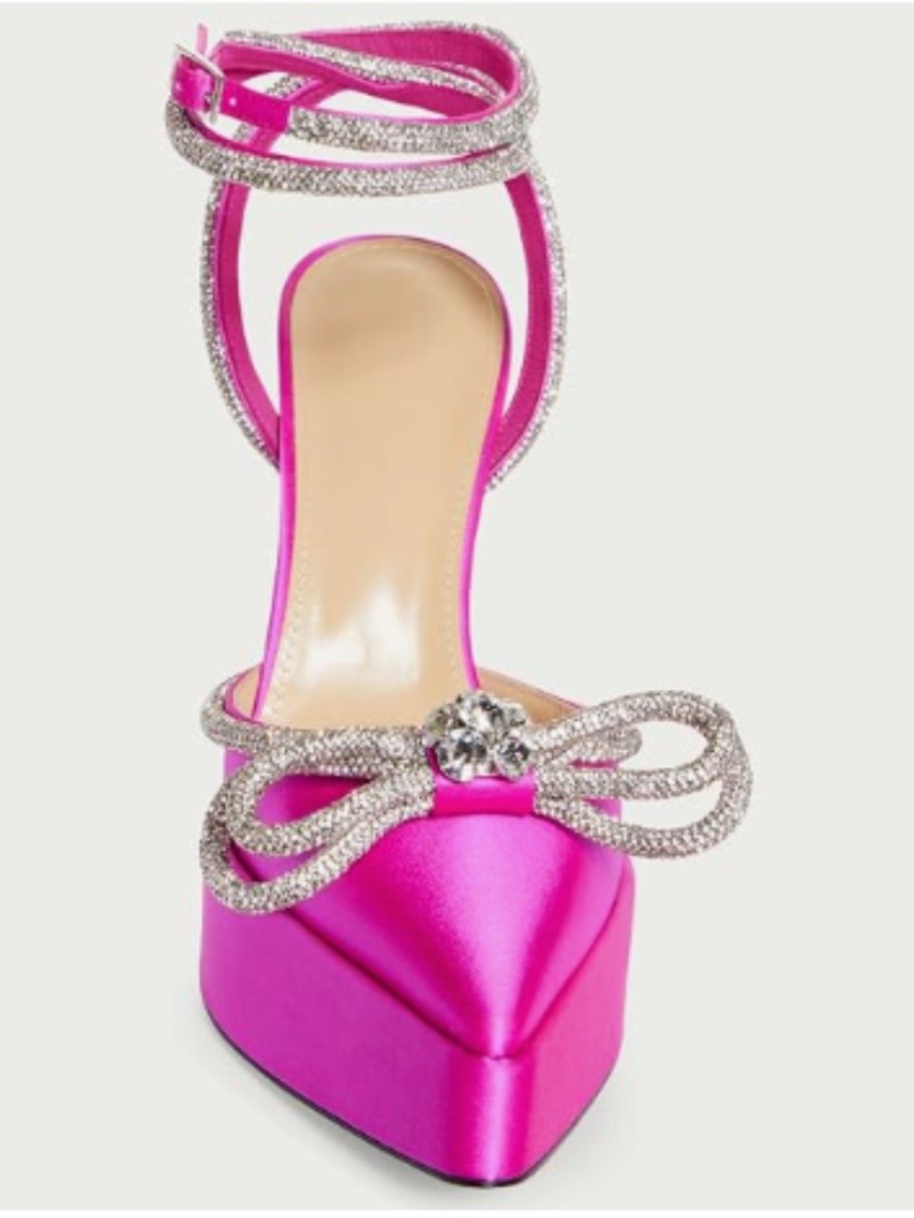 NEW Juliet Holy Pink Satin Crystal Double Bow Chunky Platform Pump Heels - Picture 7 of 14